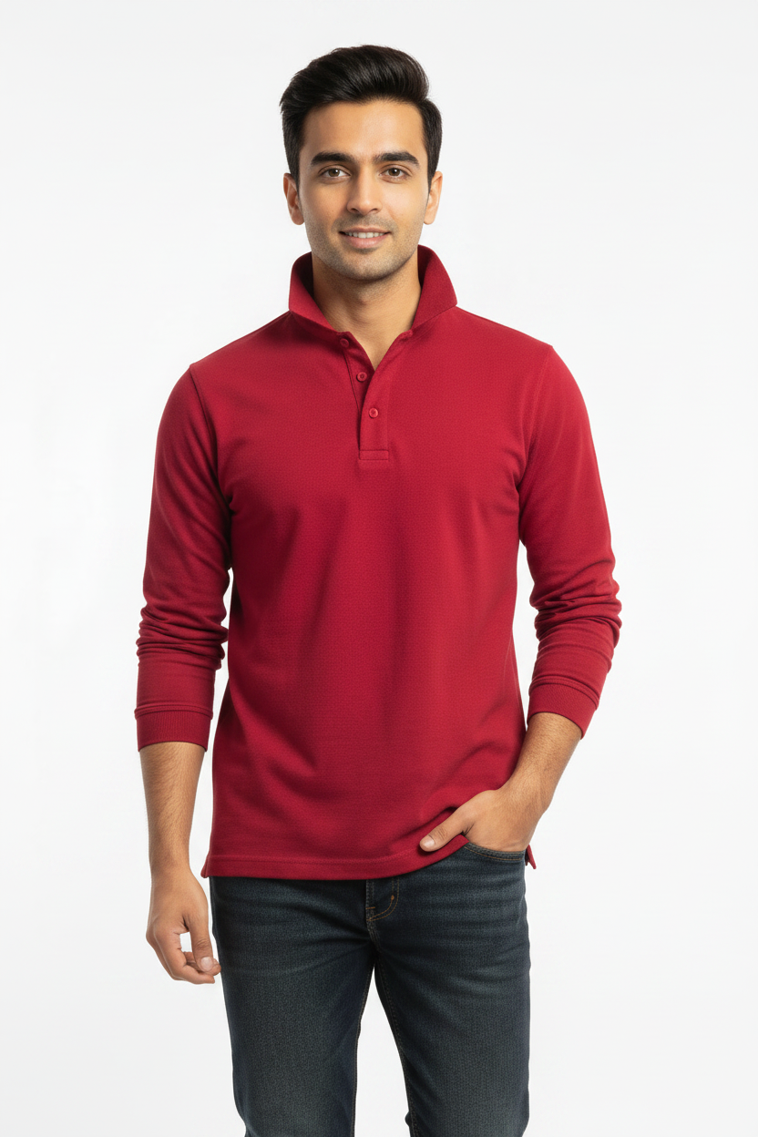 Men's 100% Cotton Long Sleeve Polo  Shirt Red