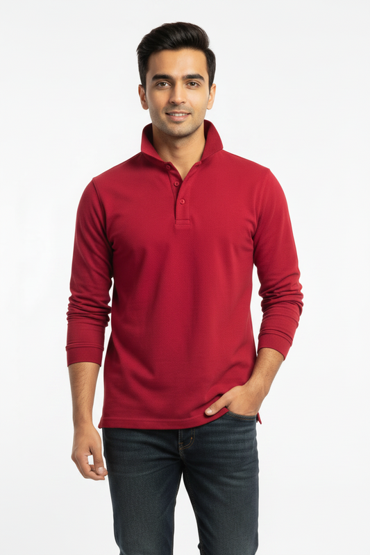 Men's 100% Cotton Long Sleeve Polo  Shirt Red