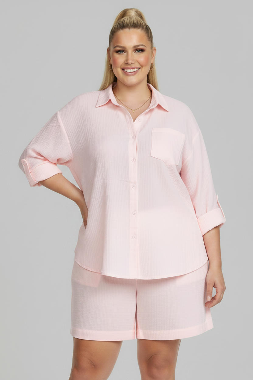 PLUS SIZE WOMEN'S 2 Piece Shirt w Shorts Outfit Set PINK