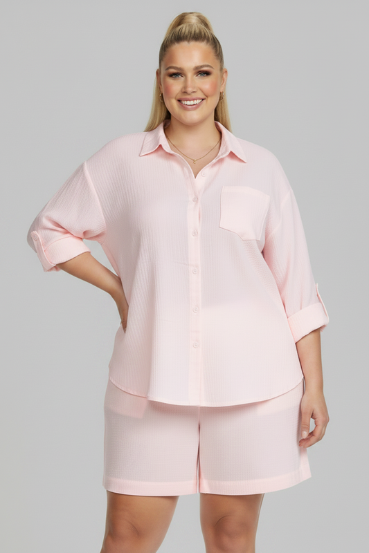 PLUS SIZE WOMEN'S 2 Piece Shirt w Shorts Outfit Set PINK