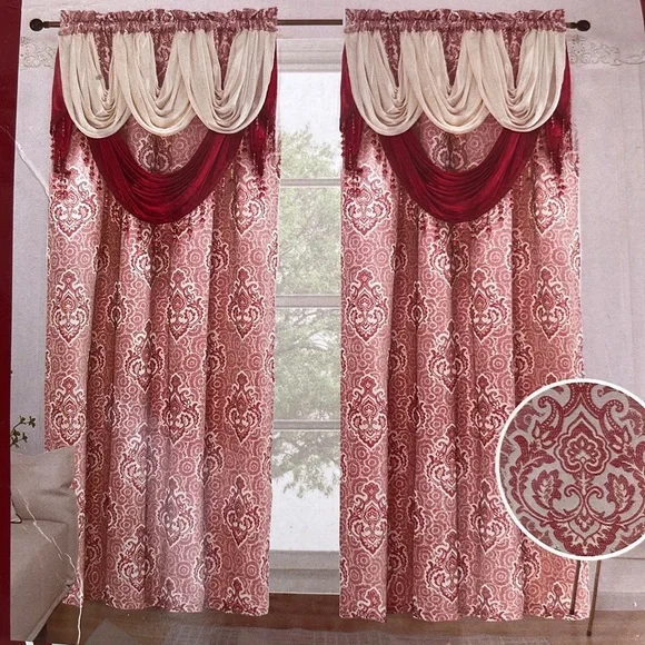 MARILYN BURGUNDY Jacquard  Pattern Panel Curtain w attached lace valance Burgundy
