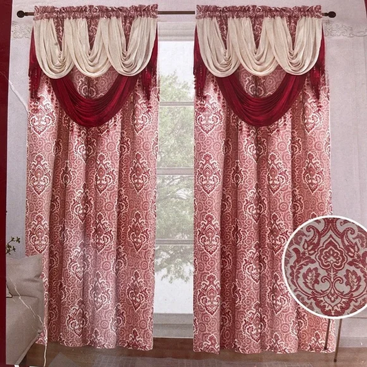 MARILYN BURGUNDY Jacquard  Pattern Panel Curtain w attached lace valance Burgundy