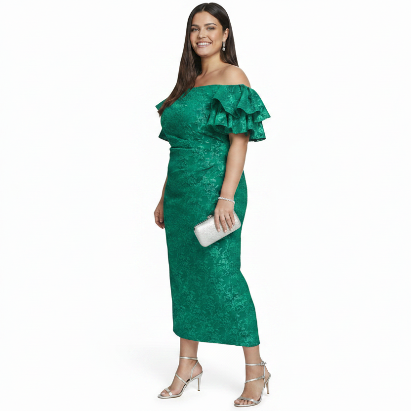 Eliza J Plus Size Off-The-Shoulder Short-Sleeve Gown Green Formal