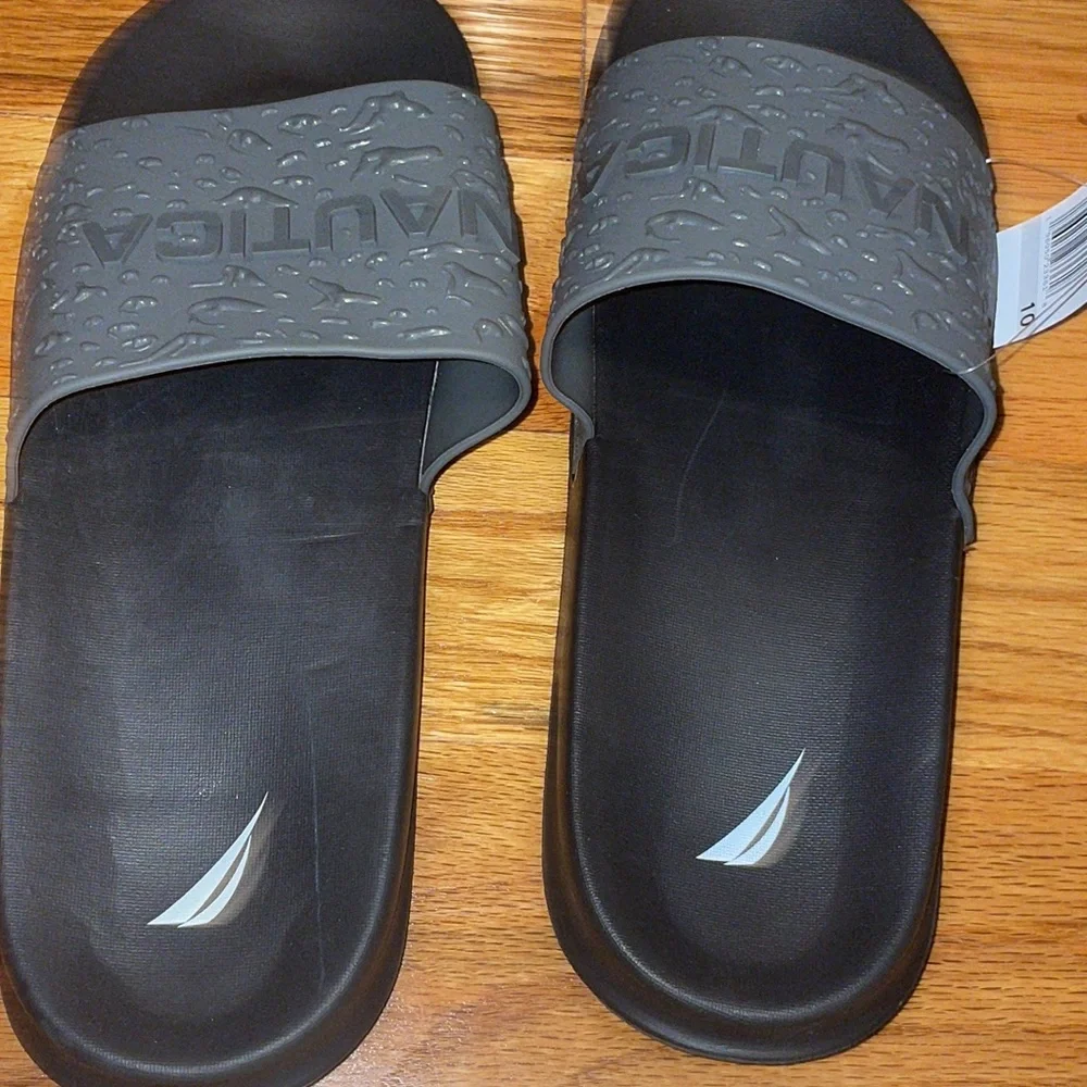 Men's Nautica Nautical Gray  Raised Print Logo Slide Slippers