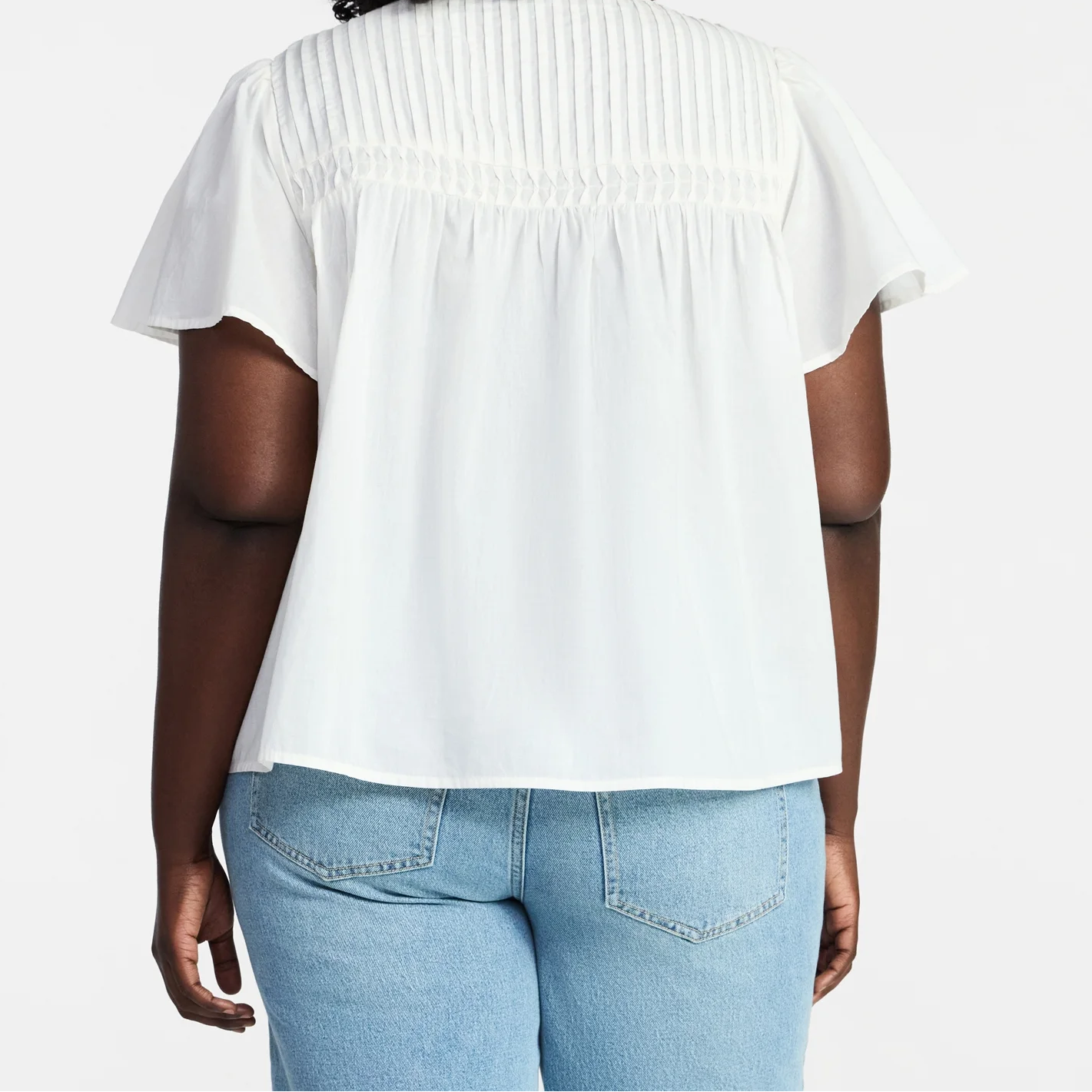 Women's PLUS  Women’s Pleated Yoke White Top with Short Flutter Sleeves