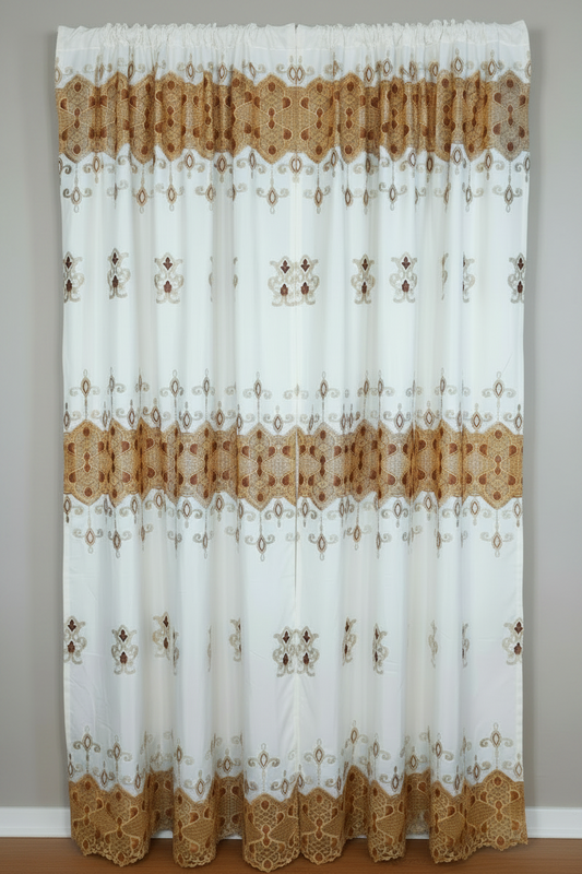 Macrame jacquard Panel Curtain w attached lace valance  Beige Burgundy Red