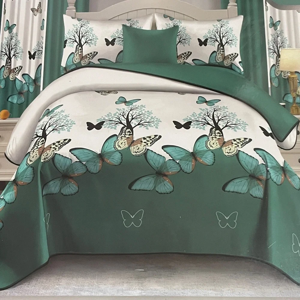 10 Piece LORDES Quilt w Sheet Set W Matching Curtains  KING AQUA BUTTERFLY