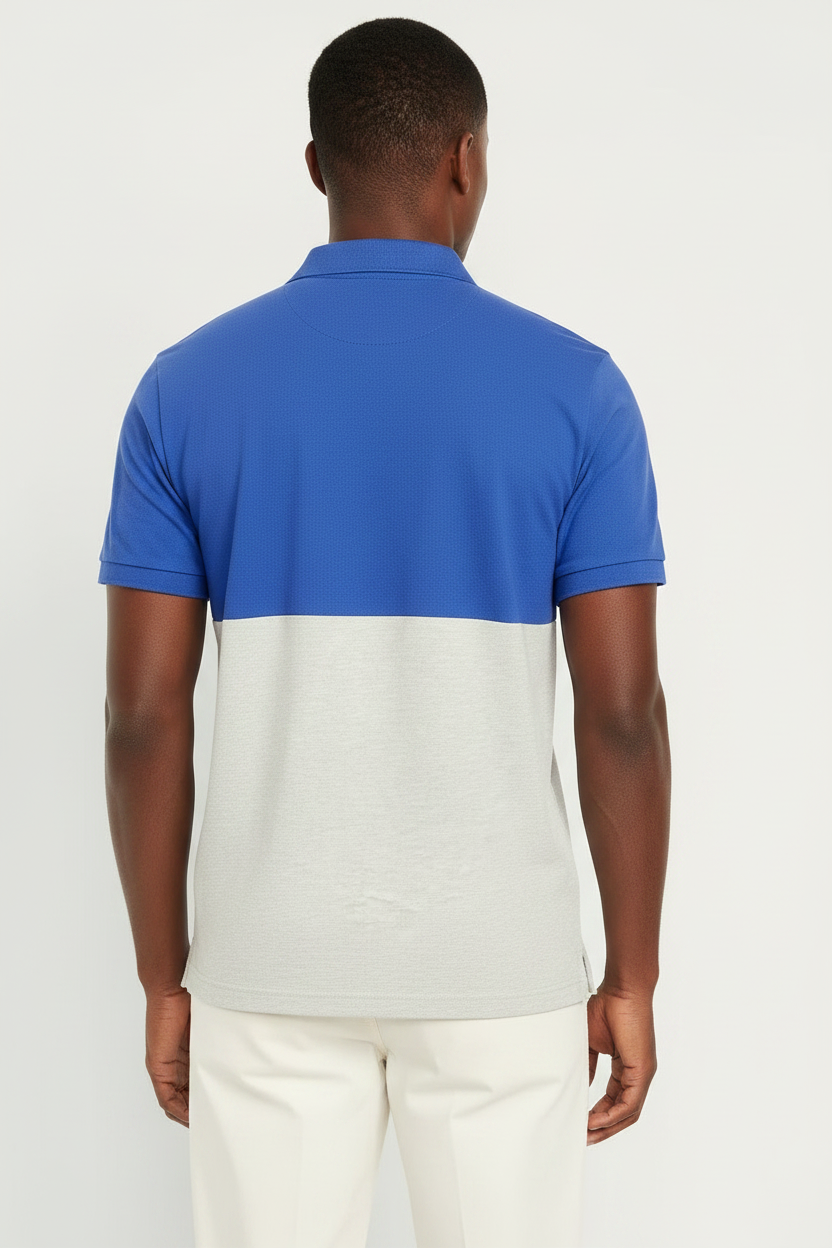 Mens button Tow Tone Colour-Block Pique Polo Blue Grey