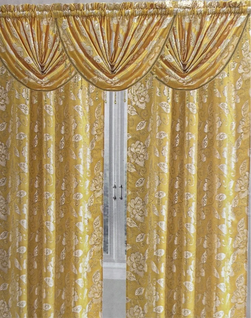 CASSIE GOLDEN  2 PCS Set  yellow Printed W Unattached Valance  Floral Pattern Panel Curtain