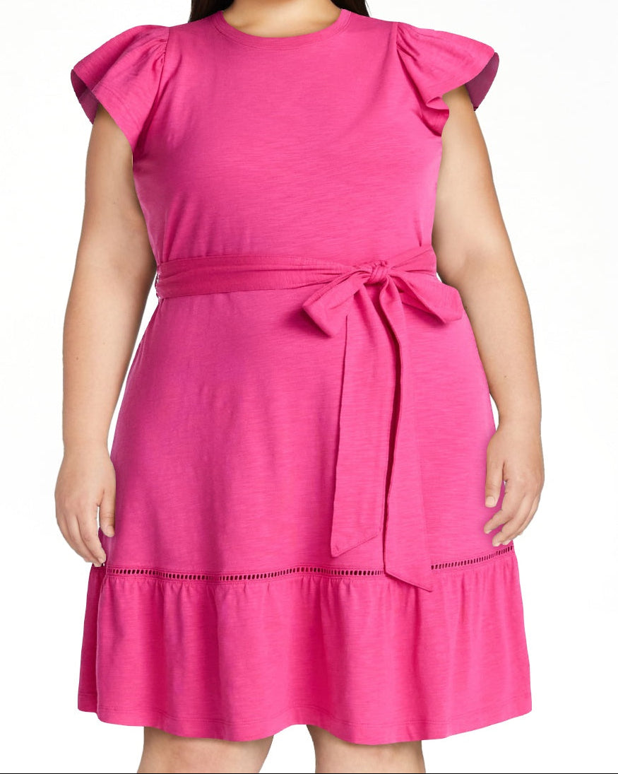 Women's PLUS SIZE Plus Belted Mini Dress with Flutter Sleeves Pink