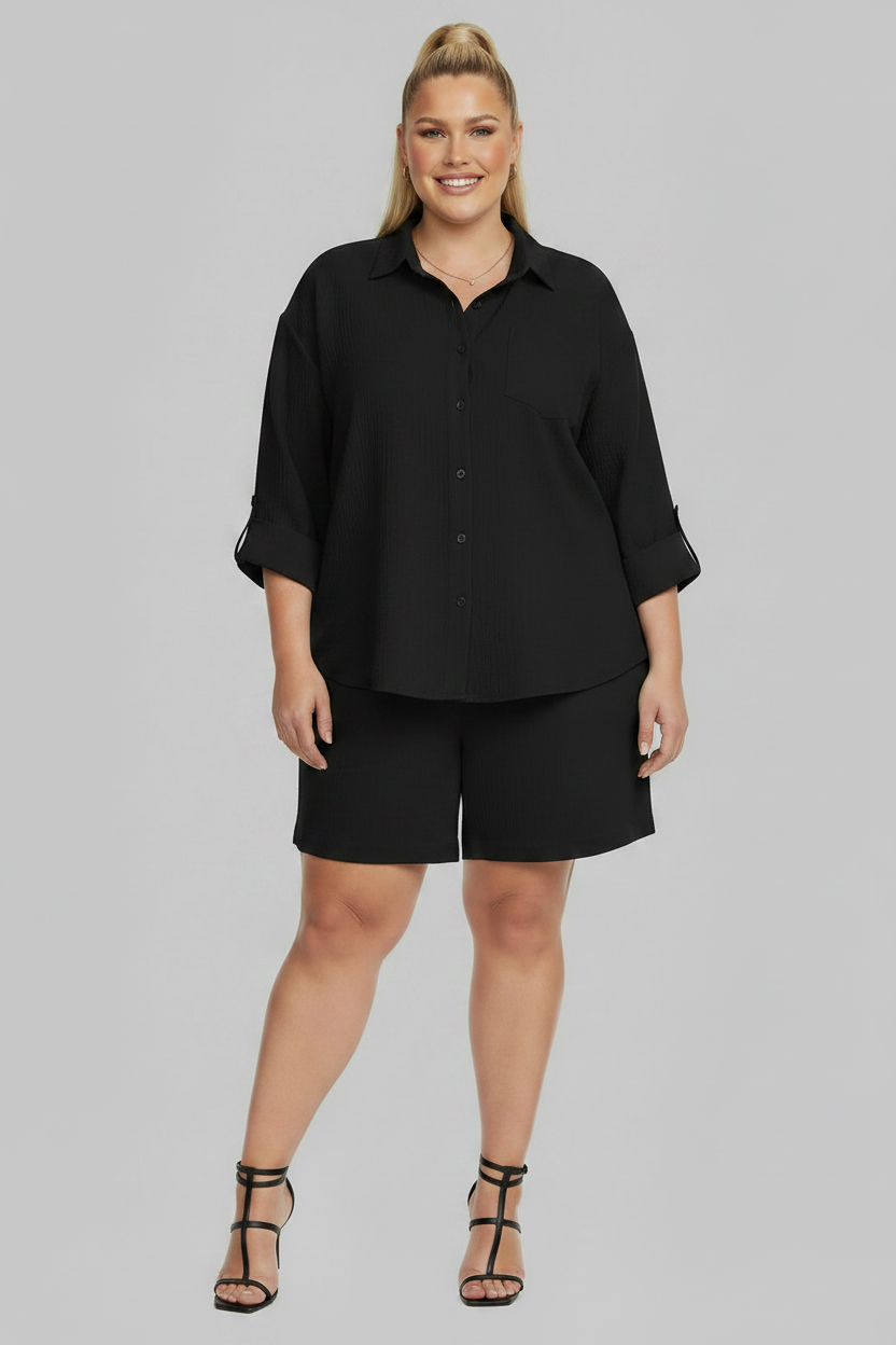 PLUS SIZE WOMEN'S 2 Piece Shirt w Shorts Outfit Set  BLACK
