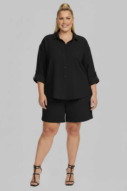 PLUS SIZE WOMEN'S 2 Piece Shirt w Shorts Outfit Set  BLACK