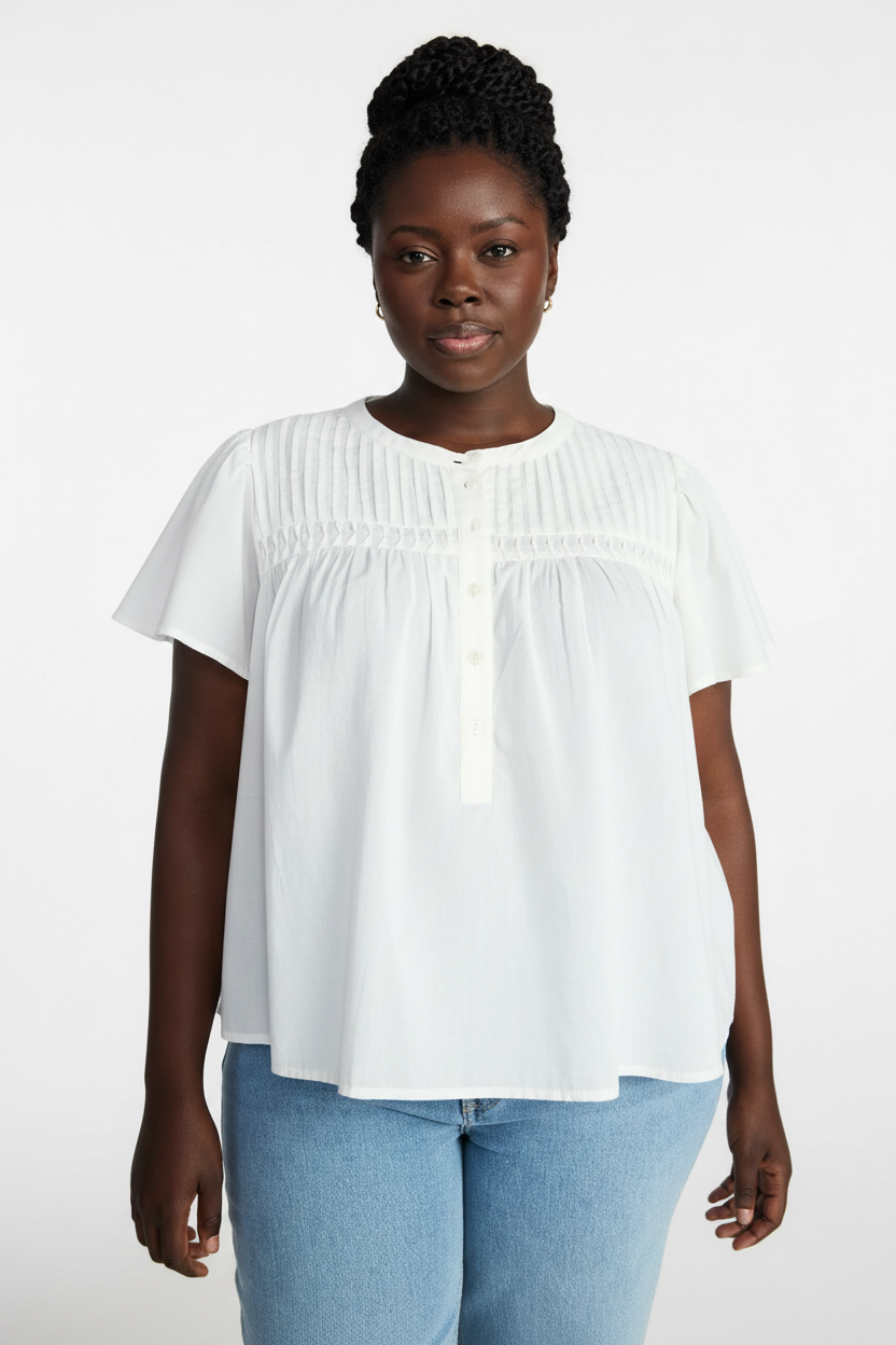 Women's PLUS  Women’s Pleated Yoke White Top with Short Flutter Sleeves