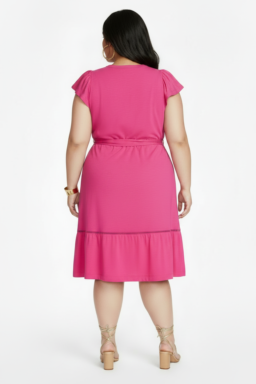 Women's PLUS SIZE Plus Belted Mini Dress with Flutter Sleeves Pink