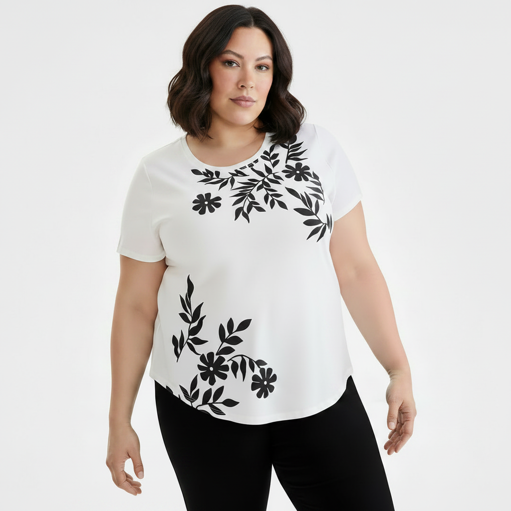 PLUS Size Women's Printed Crewneck Tee Floral Flower Leaf  Short sleeve T-Shirt