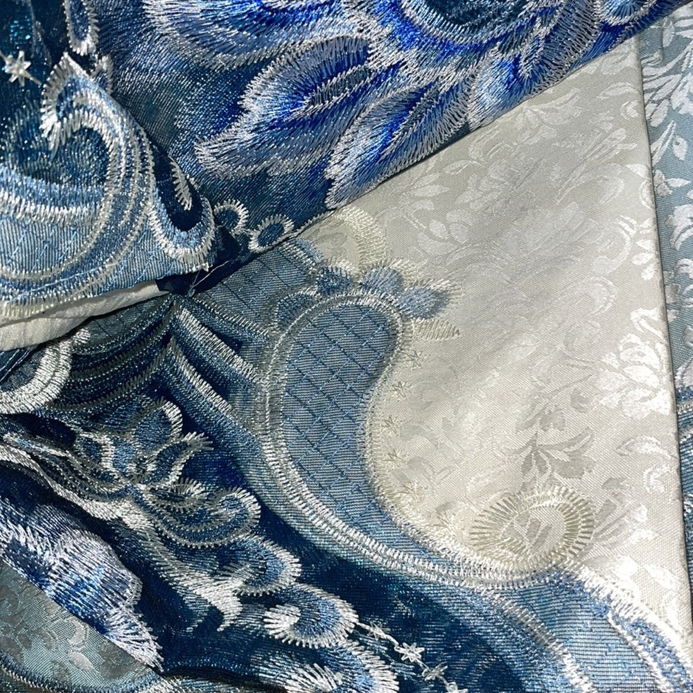 AMY BLUE Macrame jacquard  Pattern Panel Curtain w attached lace valance Blue