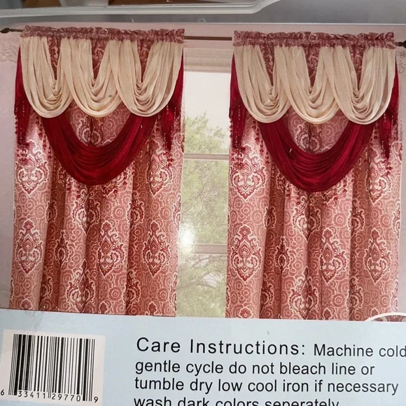 MARILYN BURGUNDY Jacquard  Pattern Panel Curtain w attached lace valance Burgundy