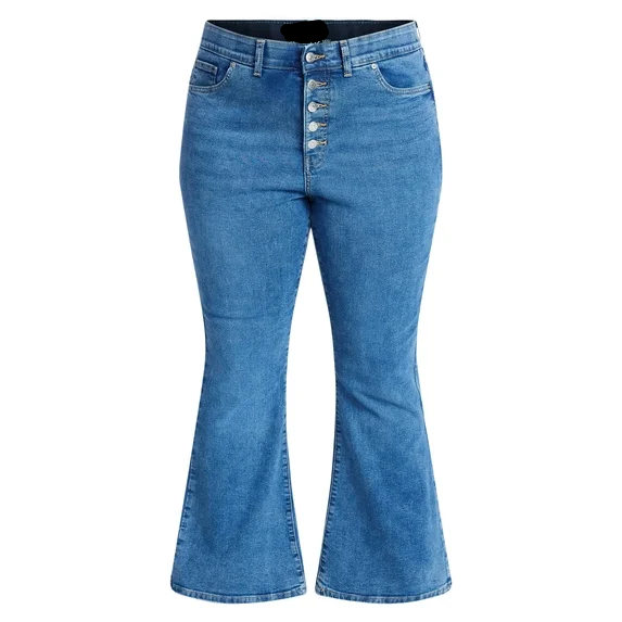 Womens PLUS Button up Corset Fitted Flare Denim Jeans Lucy Wash
