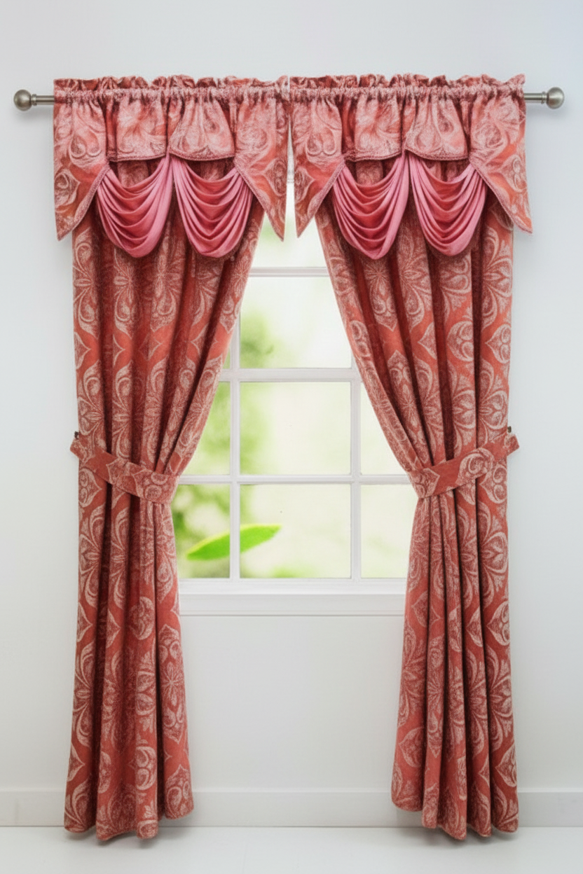 IRENE  BLUSH Jacquard  Pattern Panel Curtain w attached lace valance Coral BLUSH