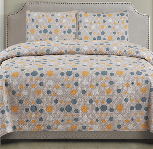 3 Piece Quilt Set Circle Dot pattern Reversible Print Gray  KING