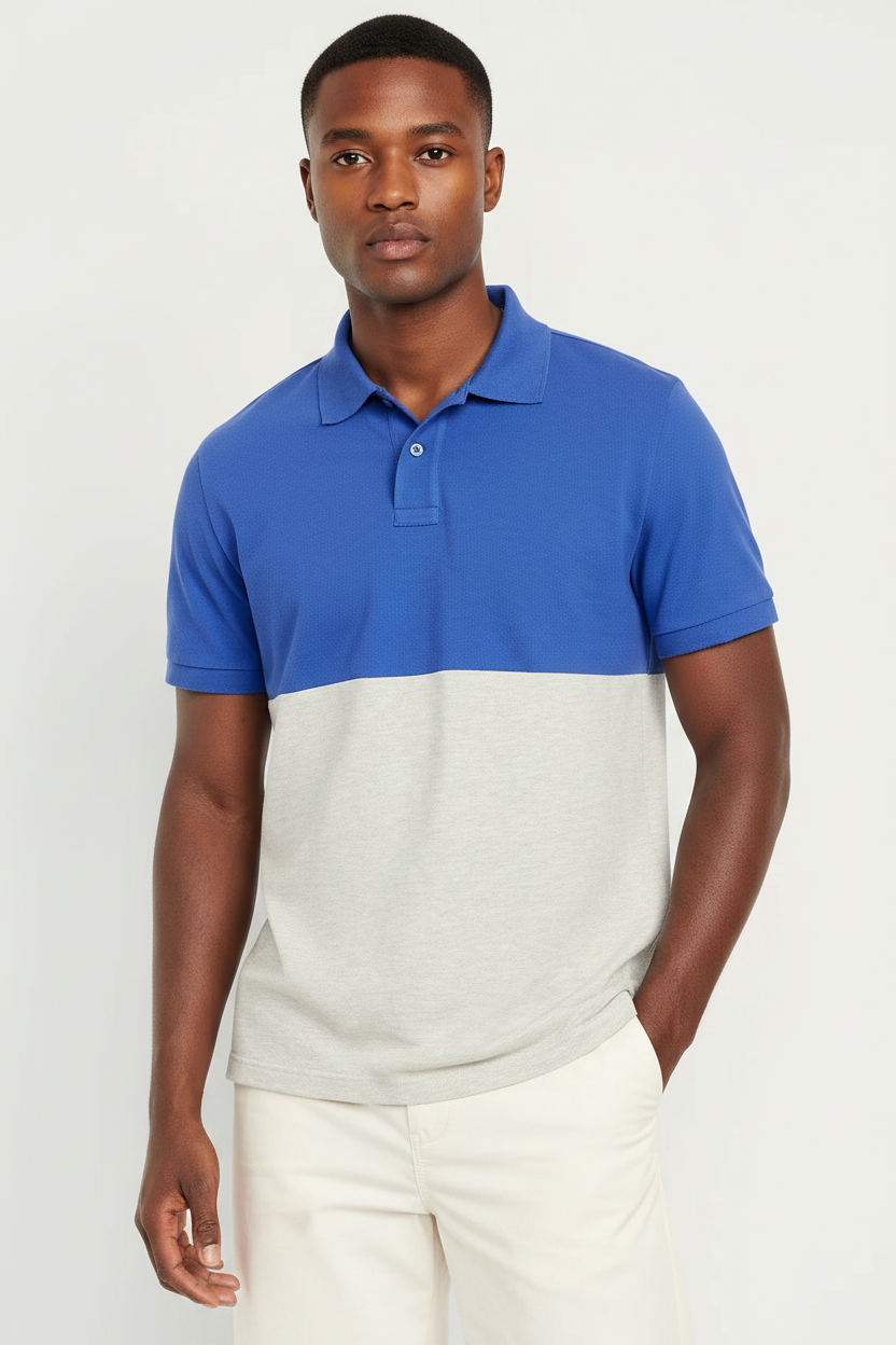 Mens button Tow Tone Colour-Block Pique Polo Blue Grey