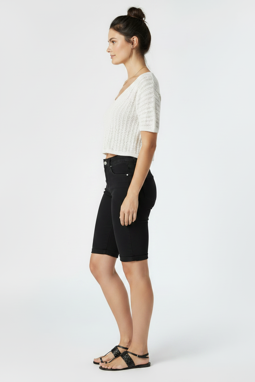 Women's Cuffed Long Knee Bermuda Jean Shorts Black
