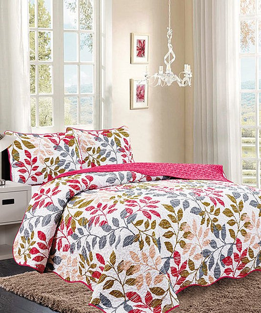 3 Piece Quilt Set  pattern Print Reversible  Pink leaf KING