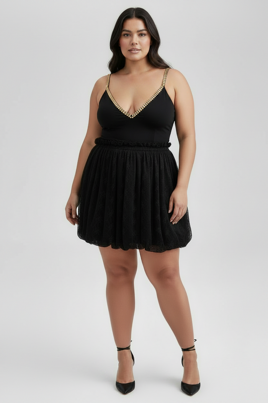 Trendy Women's Plus Size Bubble-Hem Mini Lace Skirt Black