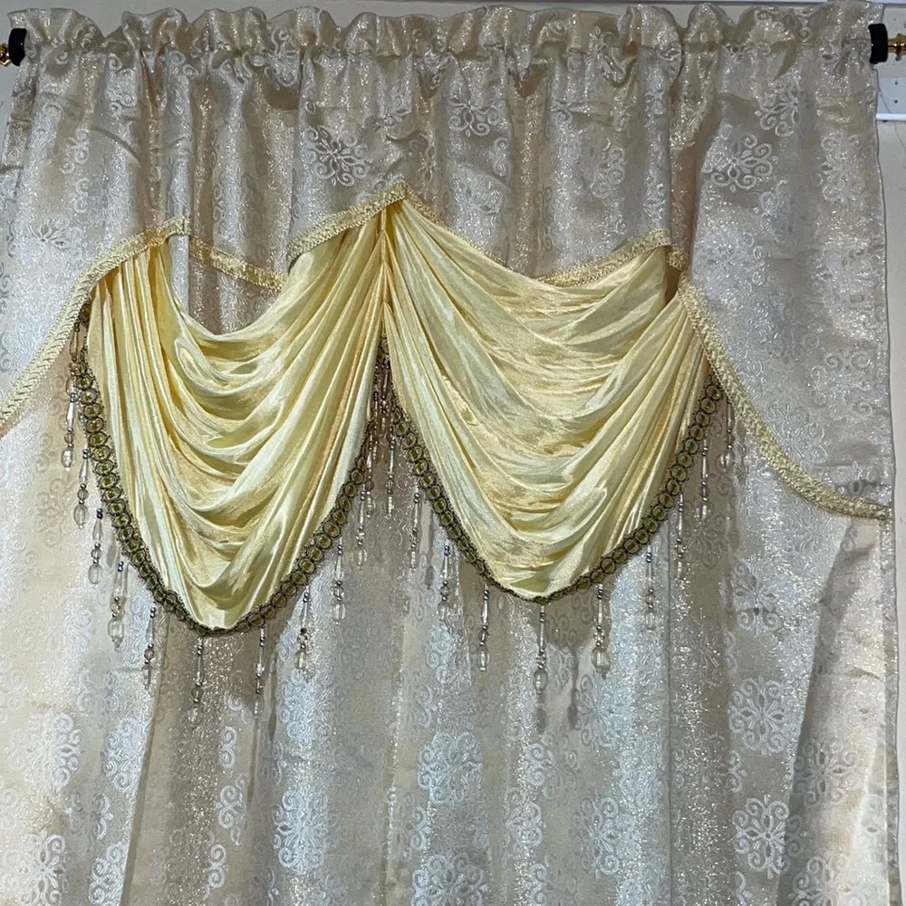SLOANE BEIGE Jacquard  Pattern Panel Curtain w attached lace valanceLD