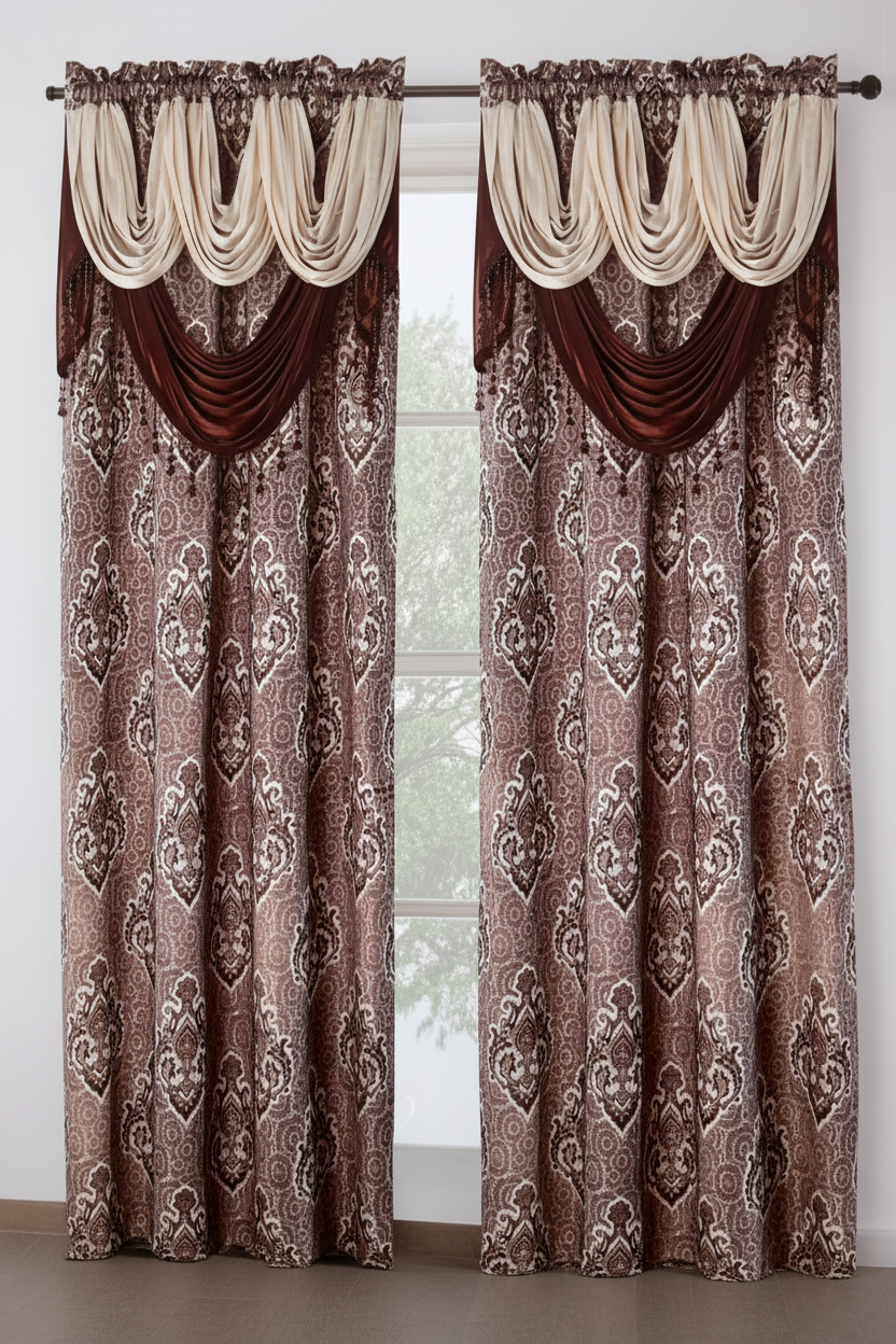 MARILYN  BROWN Jacquard  Pattern Panel Curtain w attached lace valance Brown
