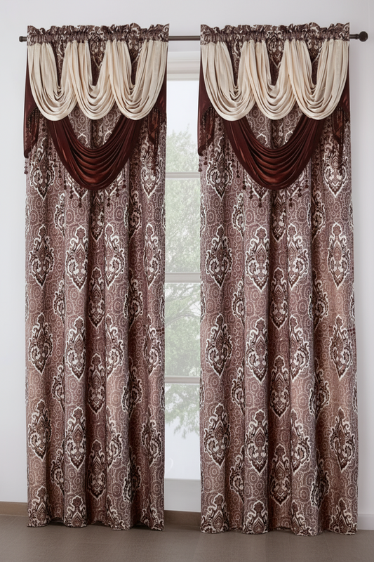 MARILYN  BROWN Jacquard  Pattern Panel Curtain w attached lace valance Brown