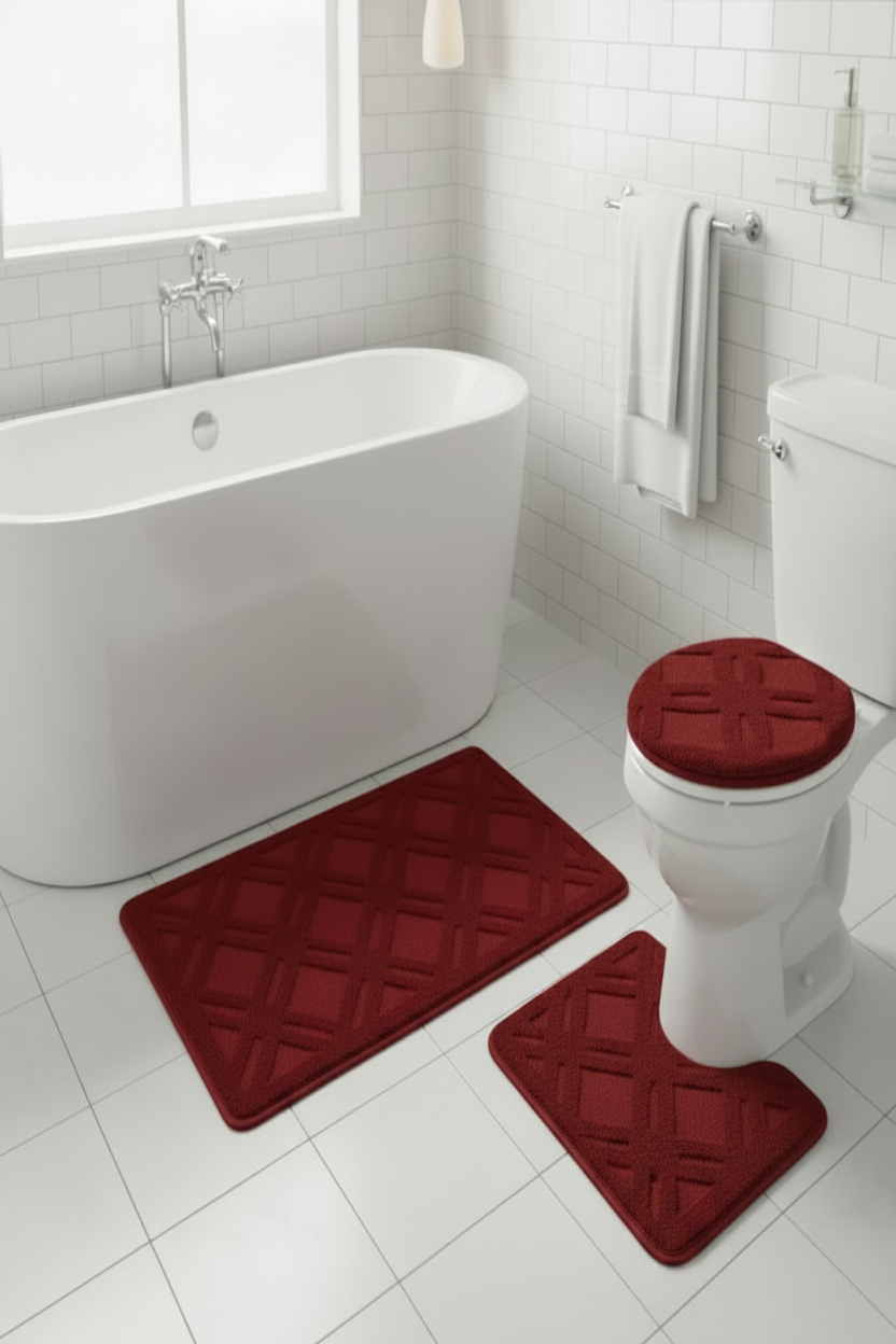 JANET BURGUNDY Soft 3 piece bathroom Mats Rug set Burgundy