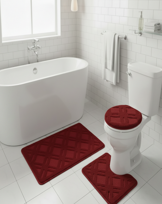 JANET BURGUNDY Soft 3 piece bathroom Mats Rug set Burgundy