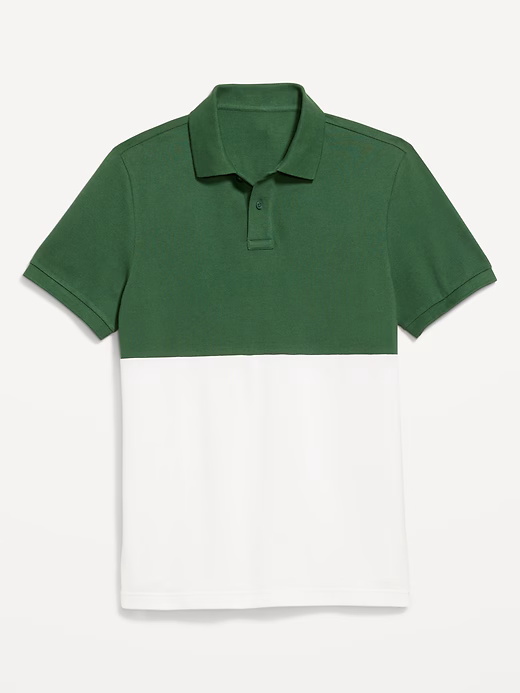 Mens button Tow Tone Color-Block Pique Polo Green White