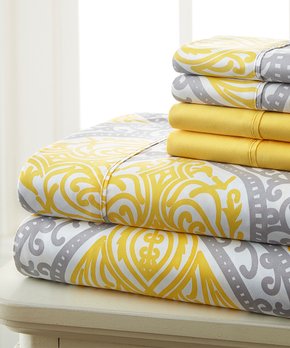 Luxury 6 piece Print Sheet Set Soft 1800 Gray Yellow  FULL