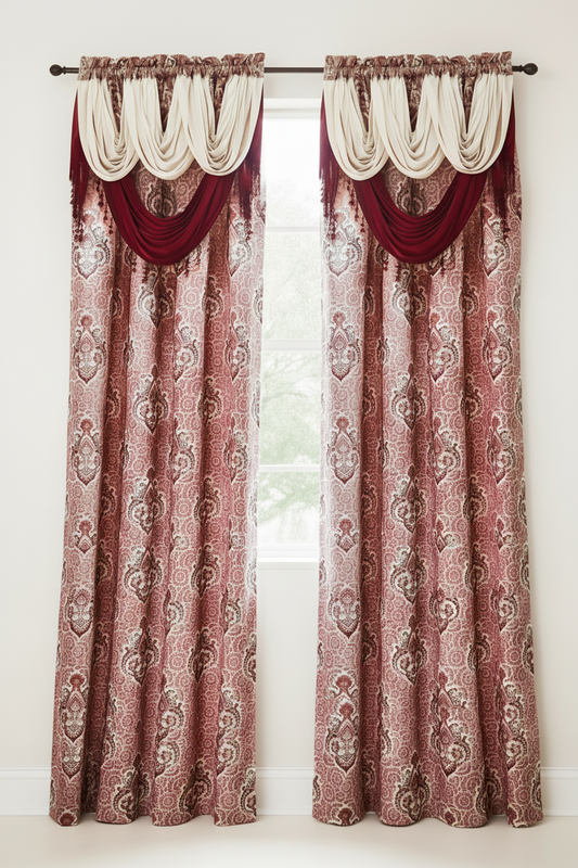 MARILYN BURGUNDY Jacquard  Pattern Panel Curtain w attached lace valance Burgundy