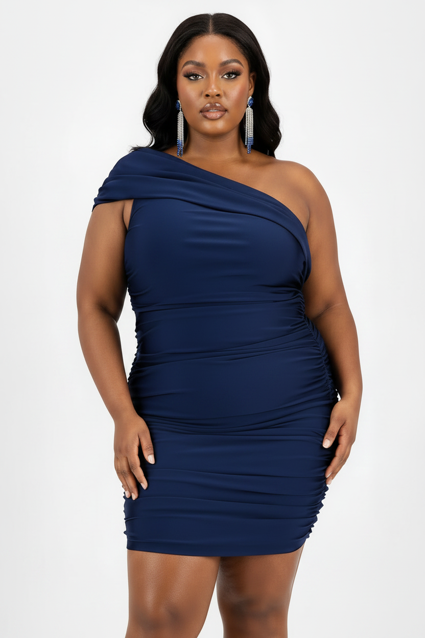 B Darlin Trendy Plus Size Ruched One-Shoulder Mini Sexy  Dress Blue