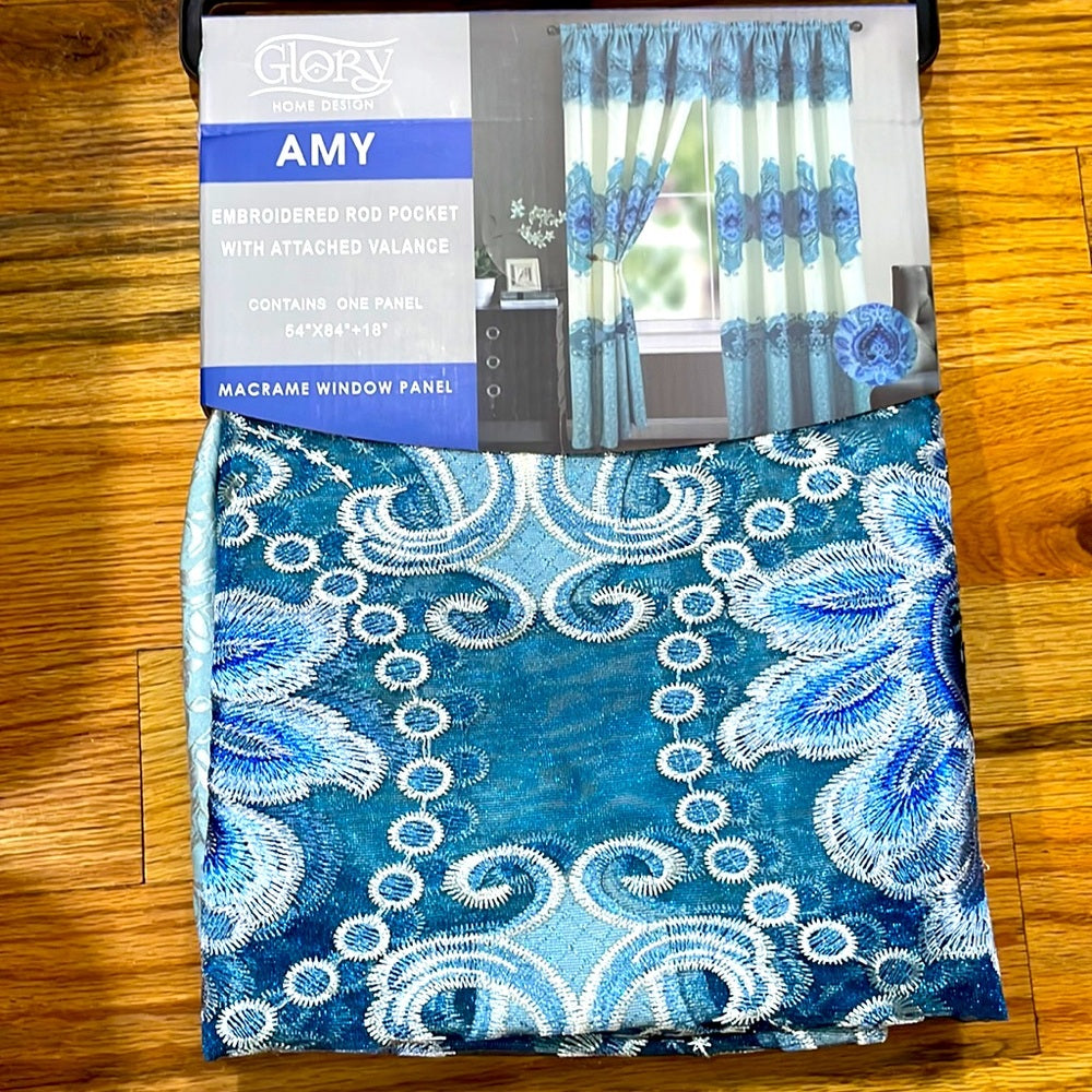 AMY BLUE Macrame jacquard  Pattern Panel Curtain w attached lace valance Blue
