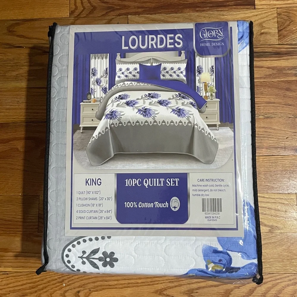 10 Piece LORDES Quilt w Sheet Set W Matching Curtains  KING BLUE