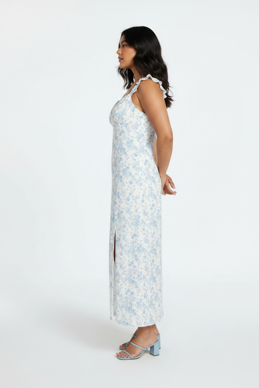 Women's PLUS Open Back  Flutter Sleeve Slit front Printed  smocked maxi dress