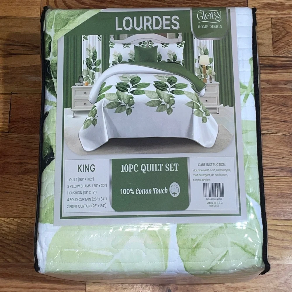 10 Piece LORDES Quilt w Sheet Set W Matching Curtains  KING GREEN