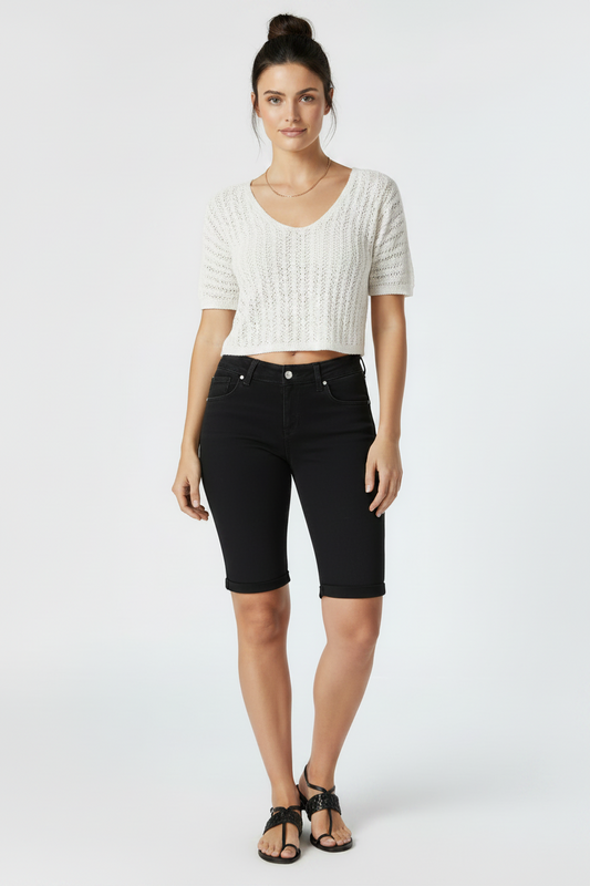 Women's Cuffed Long Knee Bermuda Jean Shorts Black