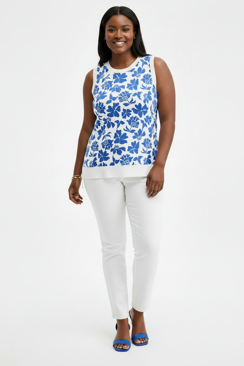 PLUS Size Women's Floral Blue w White Sleeveless Sweater