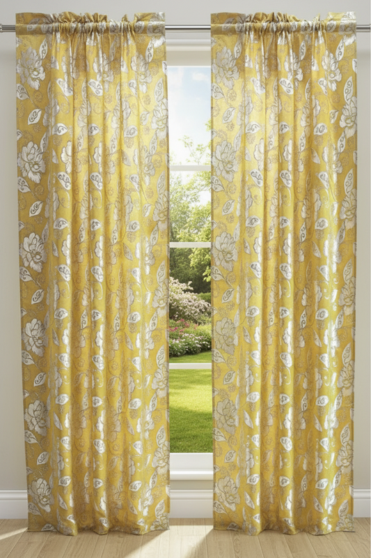 CASSIE GOLDEN yellow Printed Floral Pattern Panel Curtain