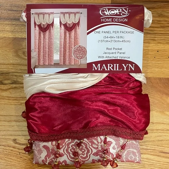 MARILYN BURGUNDY Jacquard  Pattern Panel Curtain w attached lace valance Burgundy