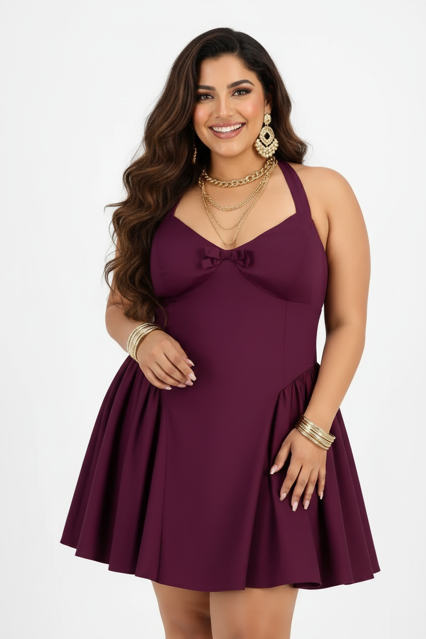 B Darlin Trendy Plus Size A-Line Halter Dress Formal Maroon