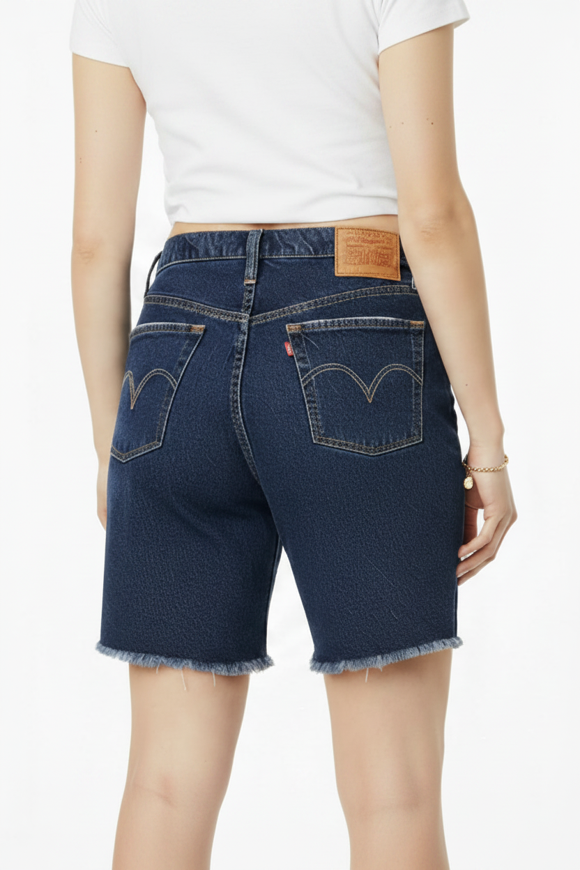 Levi's Dark Wash High Rise Long mid Thigh Frayed Denim Shorts