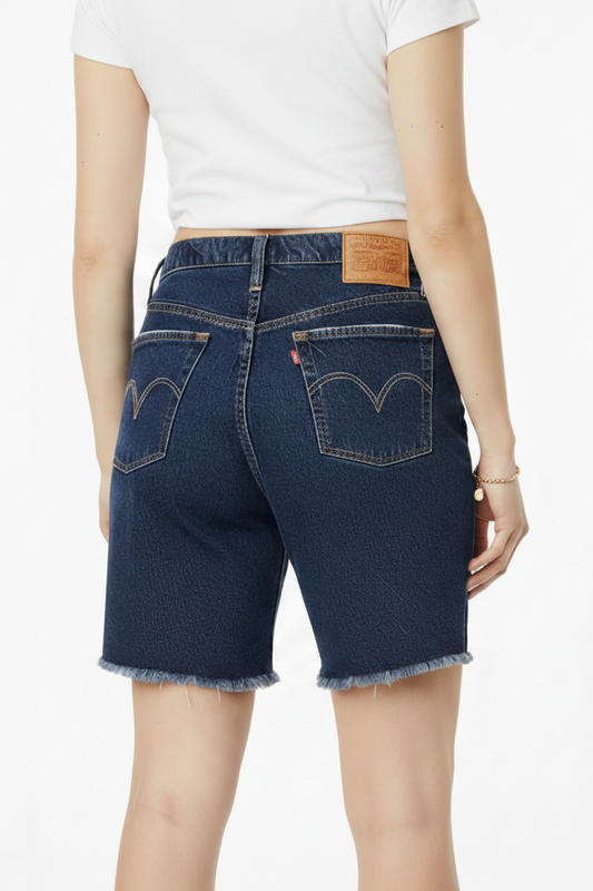 Levi's Dark Wash High Rise Long mid Thigh Frayed Denim Shorts