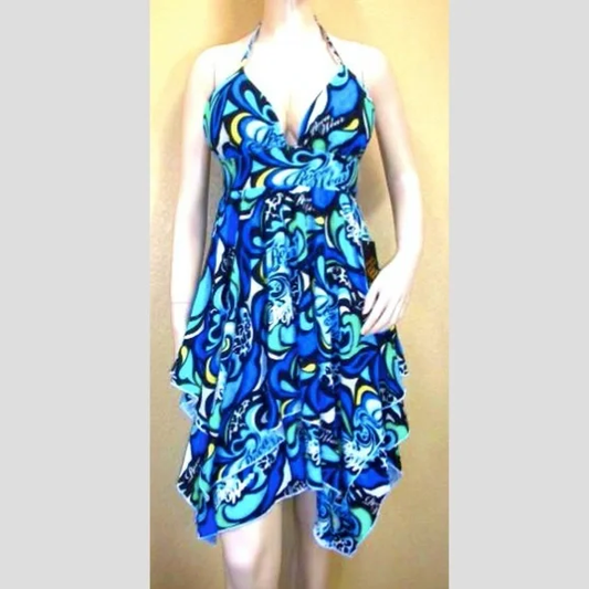 NEW  Logo Print Y2K Print Sexy Ruffle Dress Blue