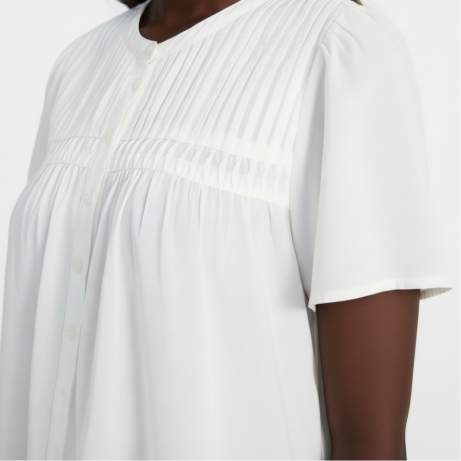 Women's PLUS  Women’s Pleated Yoke White Top with Short Flutter Sleeves